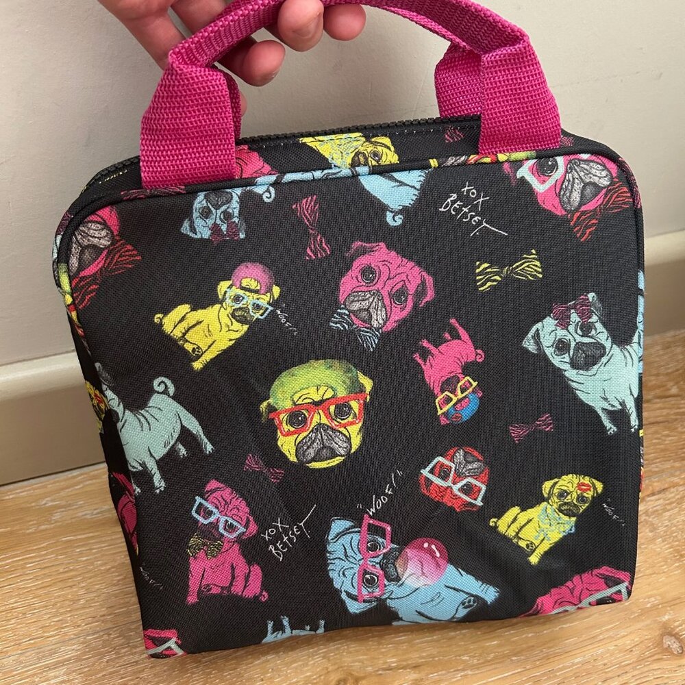 Betsey Johnson Insulated Lunch Box Tote Bag Neon Dogs Pugs with Glasses Rare - Picture 5 of 7